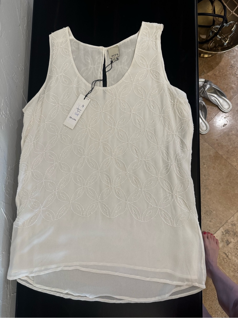 ecru Cream Embroidered Sleeveless Scoop Neck Tank